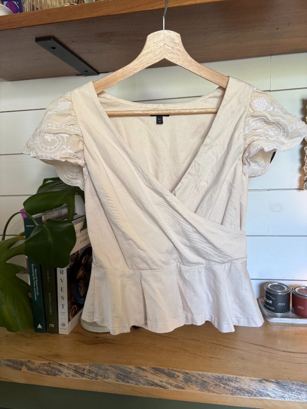 Express Beige Wrap Peplum Top with Embroidered Puff Sleeves – Size S